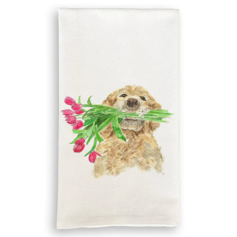 French Graffiti - Dog Holding Flowers Dishtowel