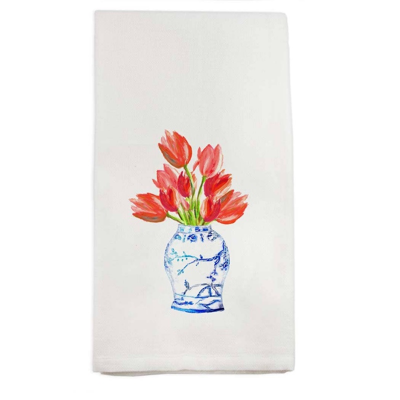French Graffiti - Blue and White Ginger Jar with Tulips Dishtowel