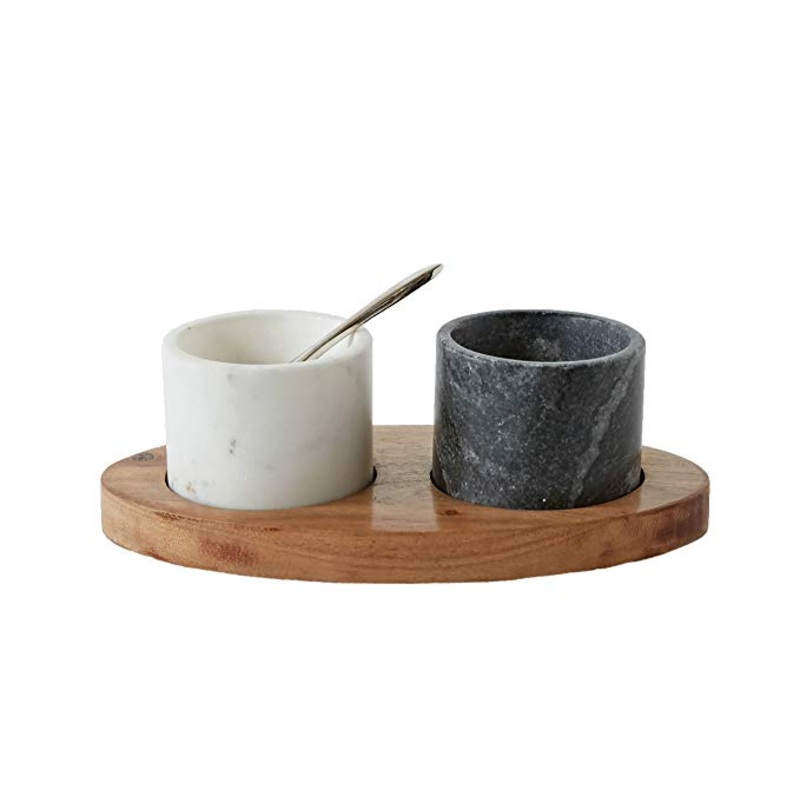 Marble Salt & Pepper Bowls with Mango Wood Base