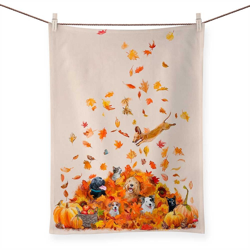 Fall Leaf Pile Pals Tea Towel