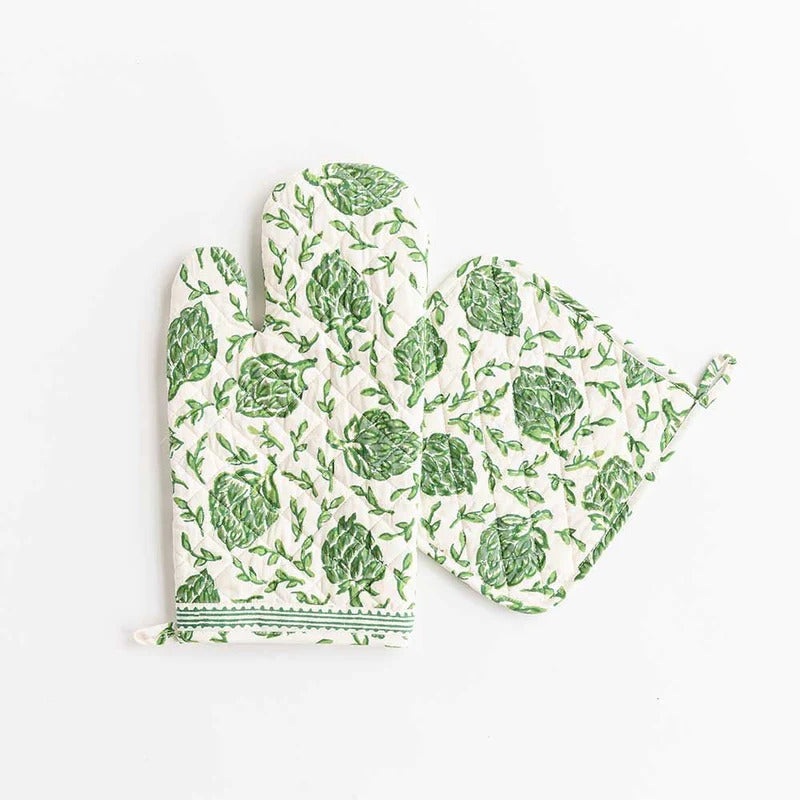 Green Dancing Artichokes Oven Mitt Set