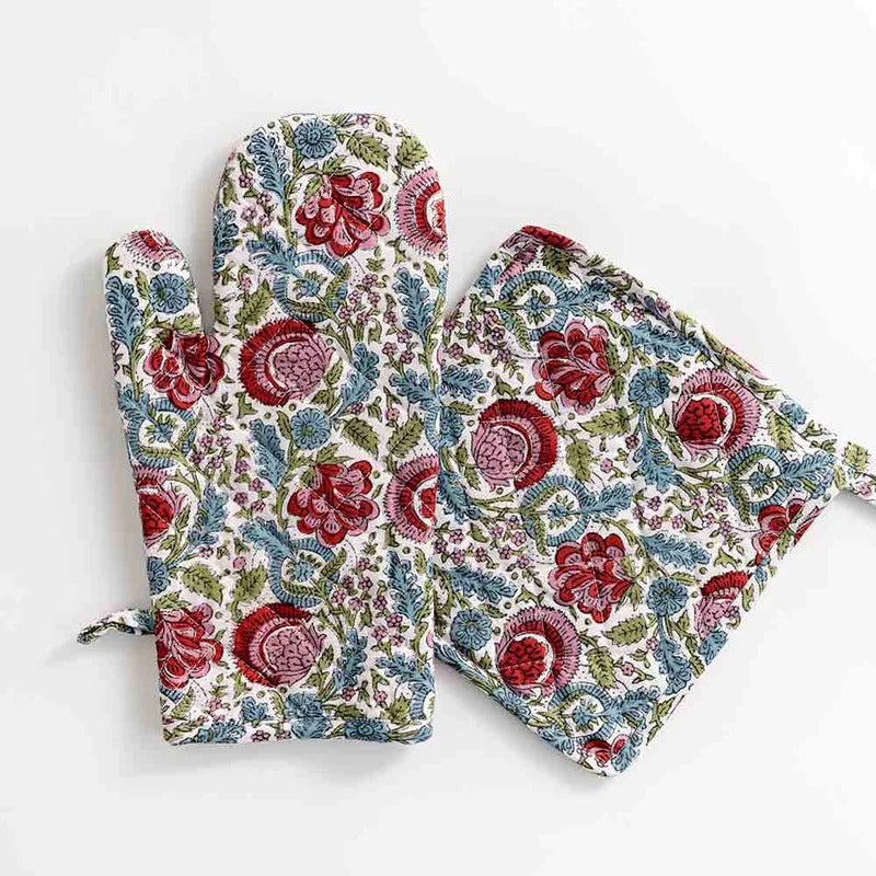 Turquoise Bohemian Floral Oven Mitt Set