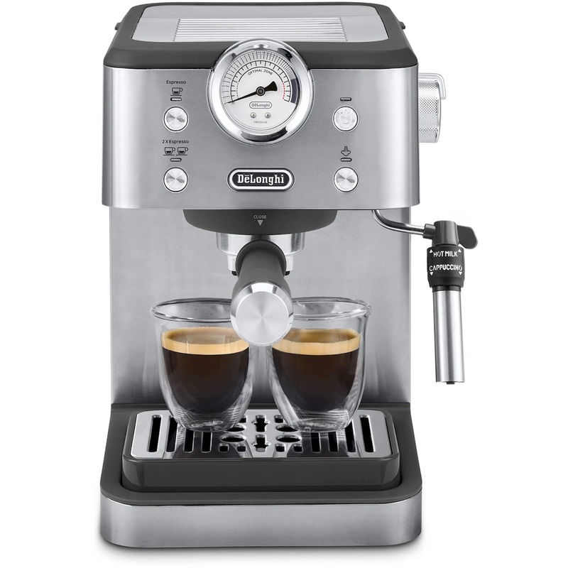 DeLonghi Linea Classic Automatic Espresso Machine with Milk Frother and Pressure Gauge Display (EM450M)