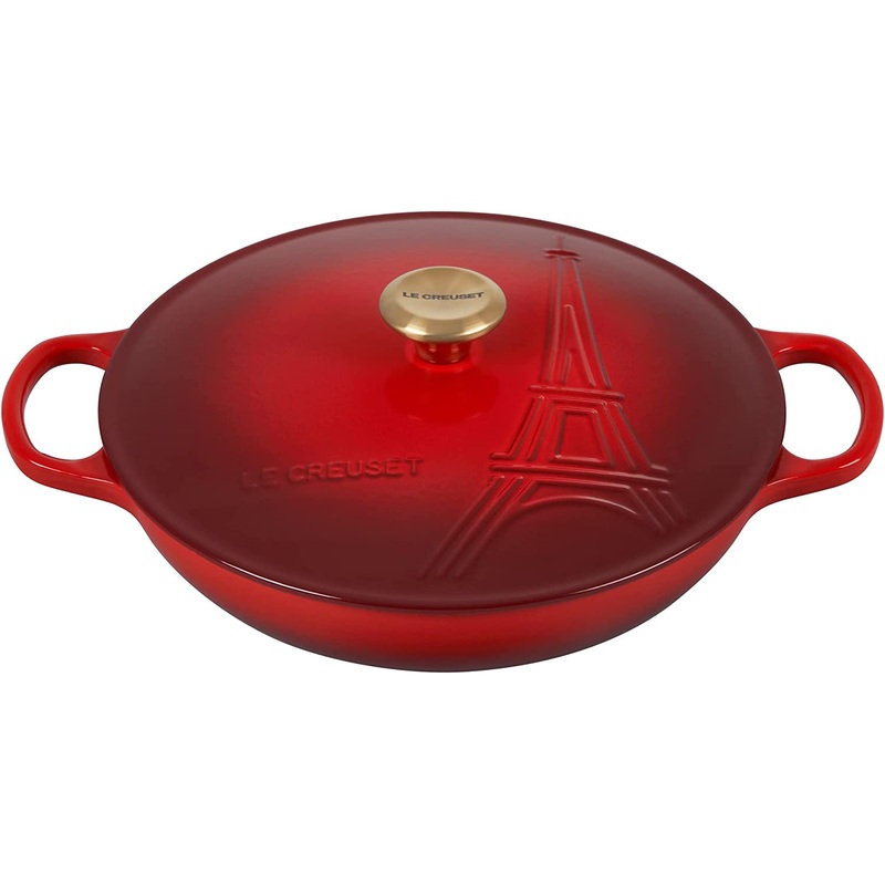 Le Creuset 3 1/2 Qt. Signature Braiser Eiffel Tower Embossed Lid & Gold Knob - Cerise