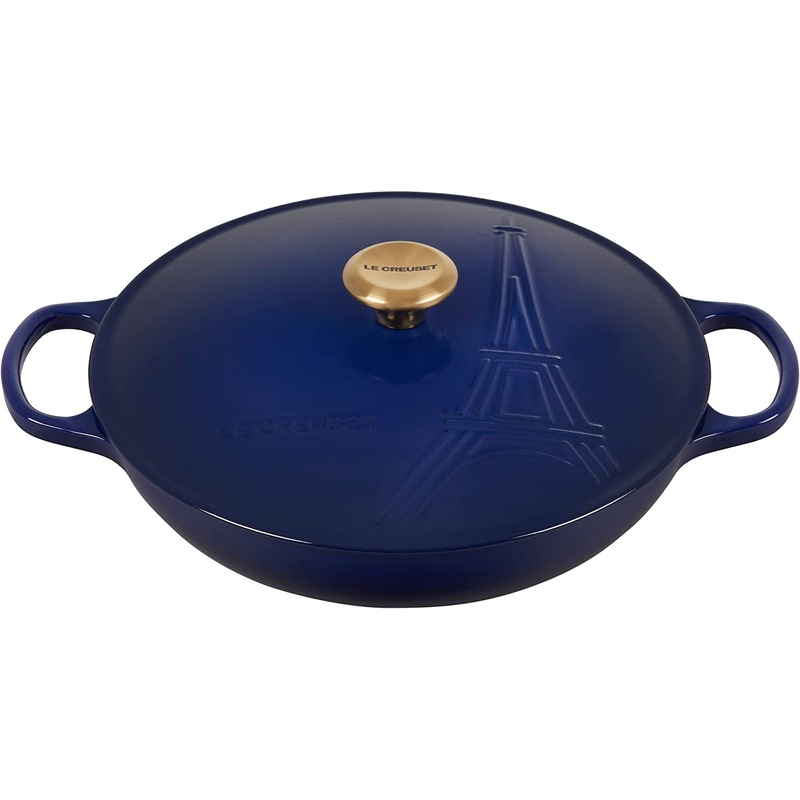 Le Creuset 3 1/2 Qt. Signature Braiser Eiffel Tower Embossed Lid & Gold Knob - Indigo