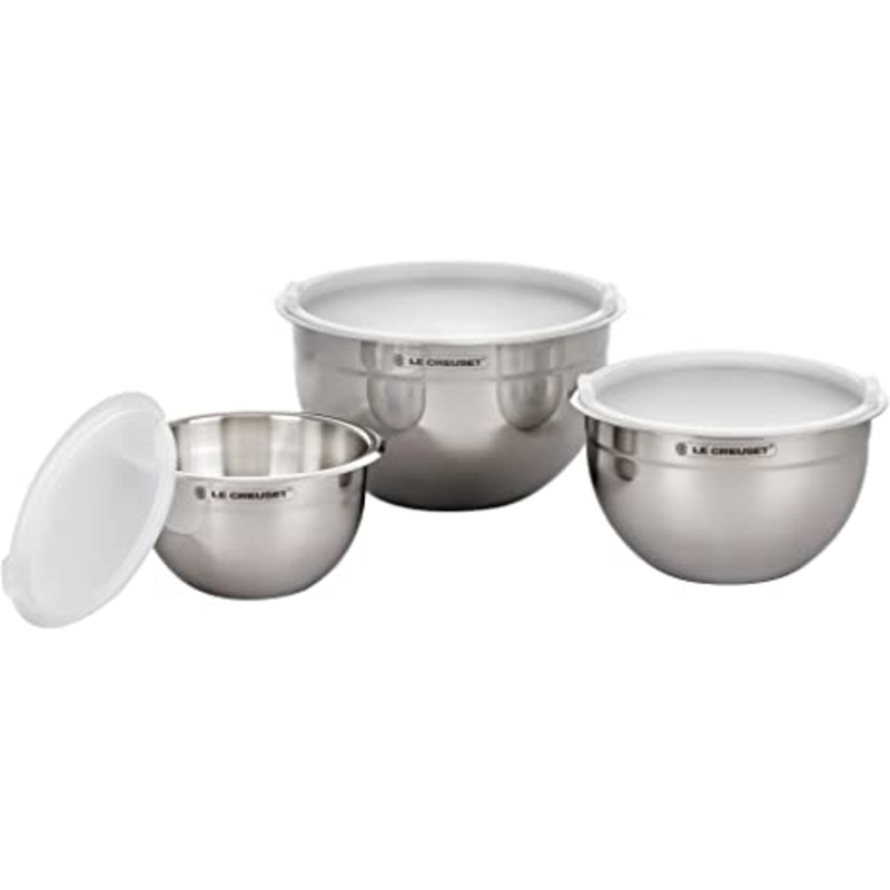 Le Creuset Set of 3 Nested Mixing Bowls w/Nonslip Silicone Base & Plastic Air Tight Lids - Stainless Steel