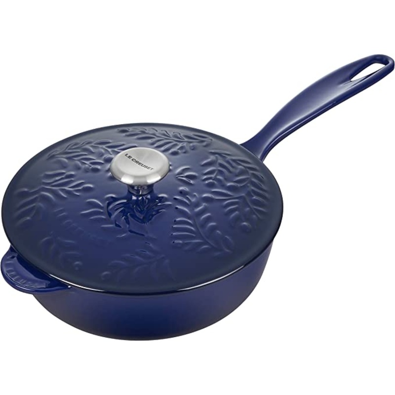 Le Creuset 2 1/4 Qt. Enameled Cast Iron Saucier w/Olive Branch Embossed Lid - Indigo
