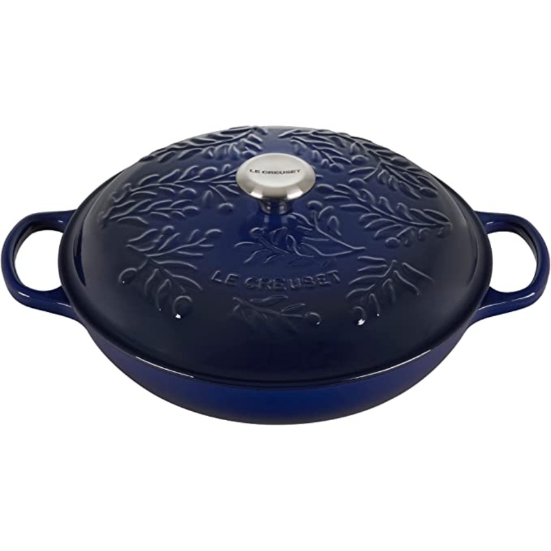 Le Creuset 3 1/2 Qt. Signature Enameled Cast Iron Braiser w/Olive Branch Embossed Lid - Indigo- Personalized Engraving Available
