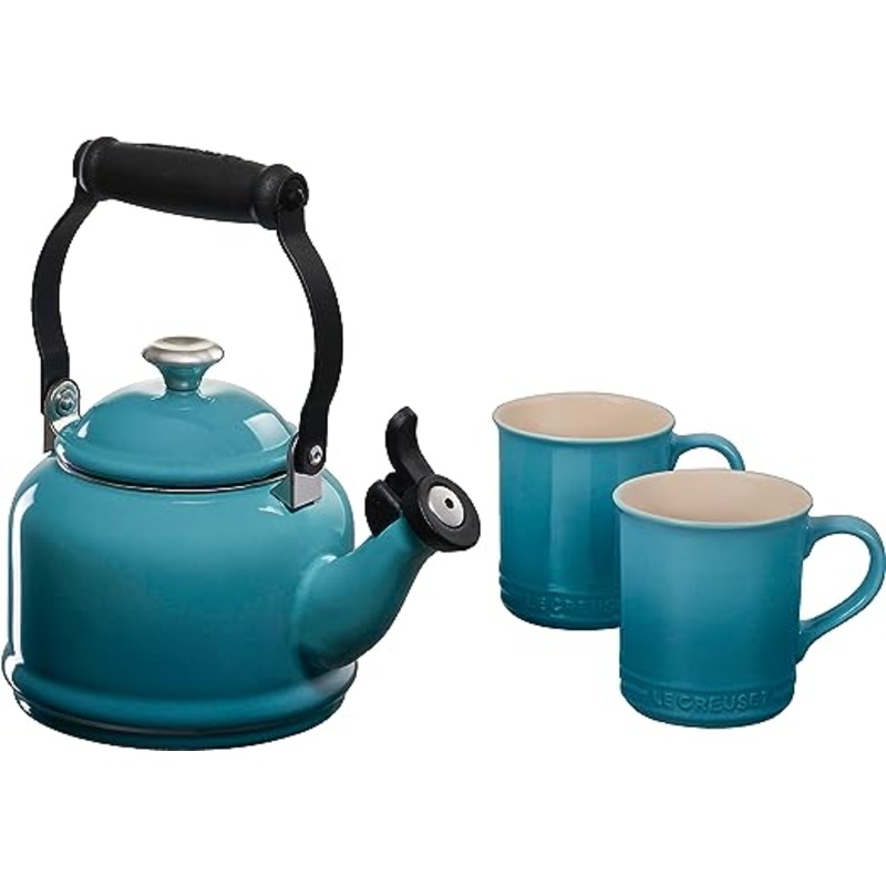 Le Creuset 1 1/4 Qt. Demi Kettle w/Stainless Steel Knob & (2) 14 oz. Mug Set - Caribbean