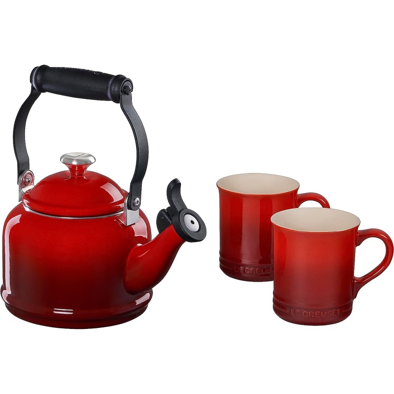 Le Creuset 1 1/4 Qt. Demi Kettle w/Stainless Steel Knob & (2) 14 oz. Mug Set - Cerise