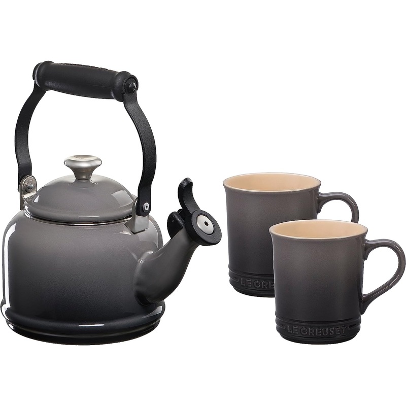 Le Creuset 1 1/4 Qt. Demi Kettle w/Stainless Steel Knob & (2) 14 oz. Mug Set - Oyster