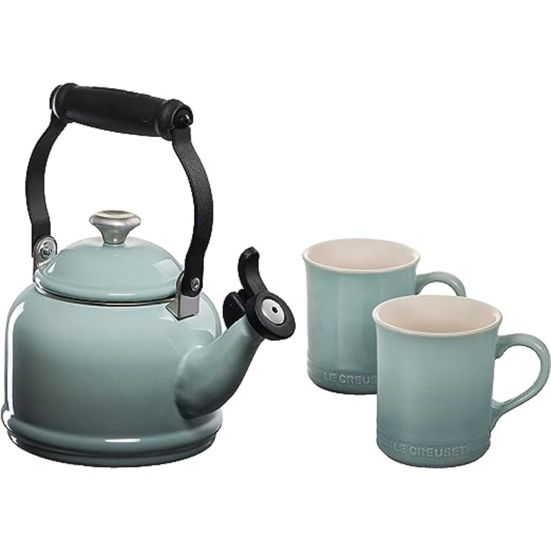 Le Creuset 1 1/4 Qt. Demi Kettle w/Stainless Steel Knob & (2) 14 oz. Mug Set - Sea Salt