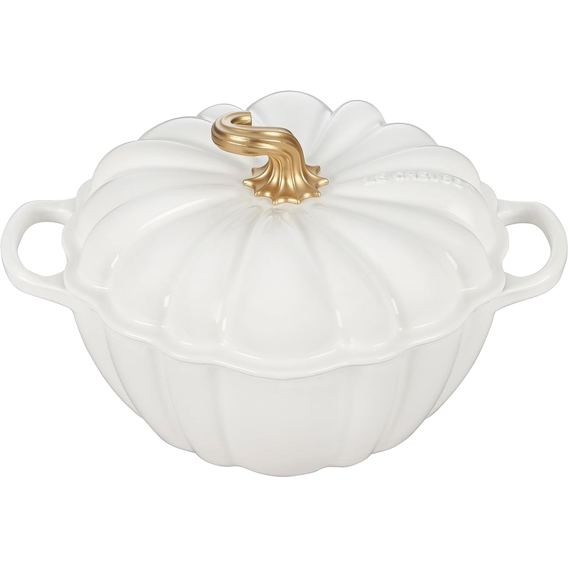 Le Creuset 4 Qt Figural Pumpkin Cocotte w/Gold Figural Knob - White