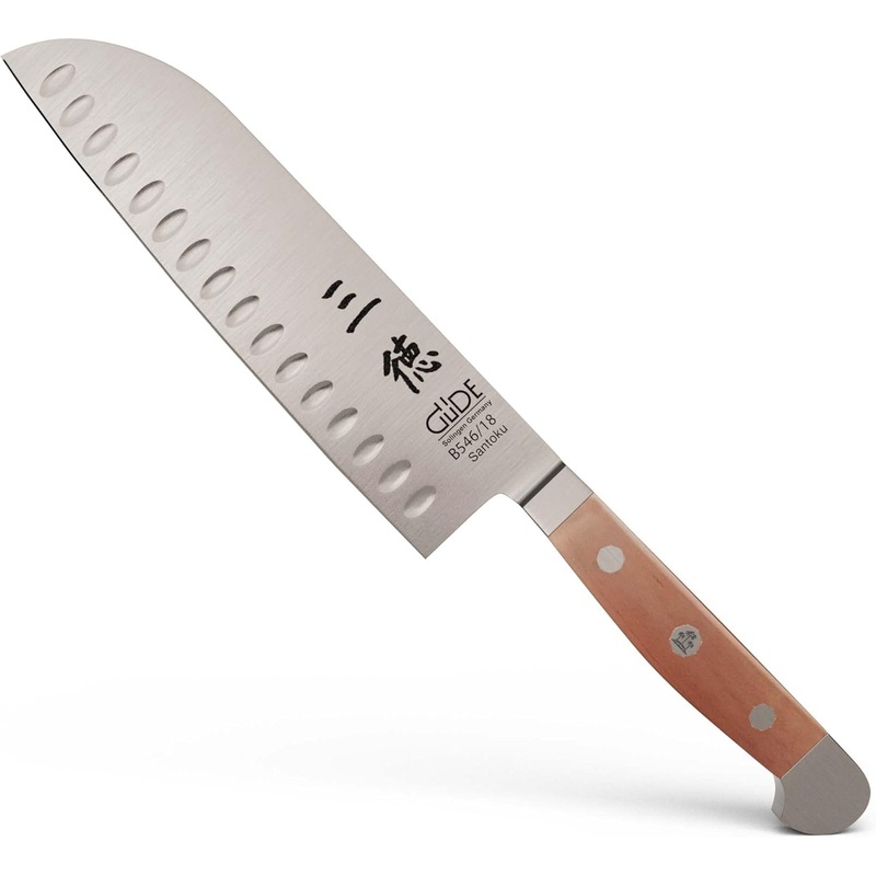 Gde Alpha Pear Series - 7" Forged Double Bolster Hollow Edge Santoku Knife, Luxury Pear Wood Handle