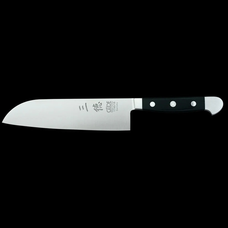 Gde Alpha Series - 7" Forged Double Bolster Santoku Knife, Black Hostaform Handle