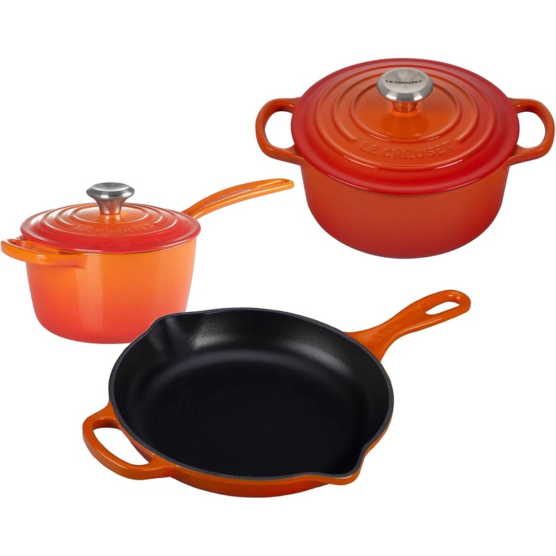 Le Creuset 5-Piece Bundle Set - Signature Enameled Cast Iron 2 Qt. Dutch Oven, 1 3/4 Qt. Saucepan, And 9" Skillet - Flame