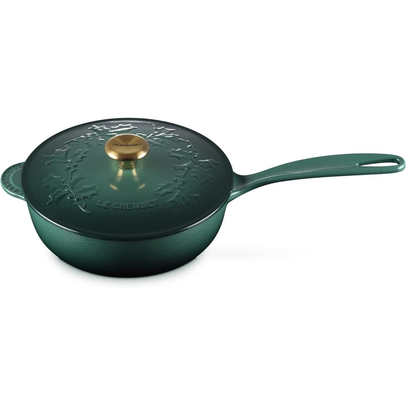 Le Creuset 2 1/4 Qt. Enameled Cast Iron Saucier w/Holly Embossed Lid & Gold Knob - Artichaut