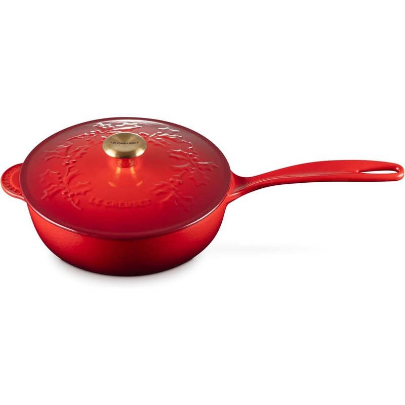 Le Creuset 2 1/4 Qt. Enameled Cast Iron Saucier w/Holly Embossed Lid & Gold Knob - Cerise