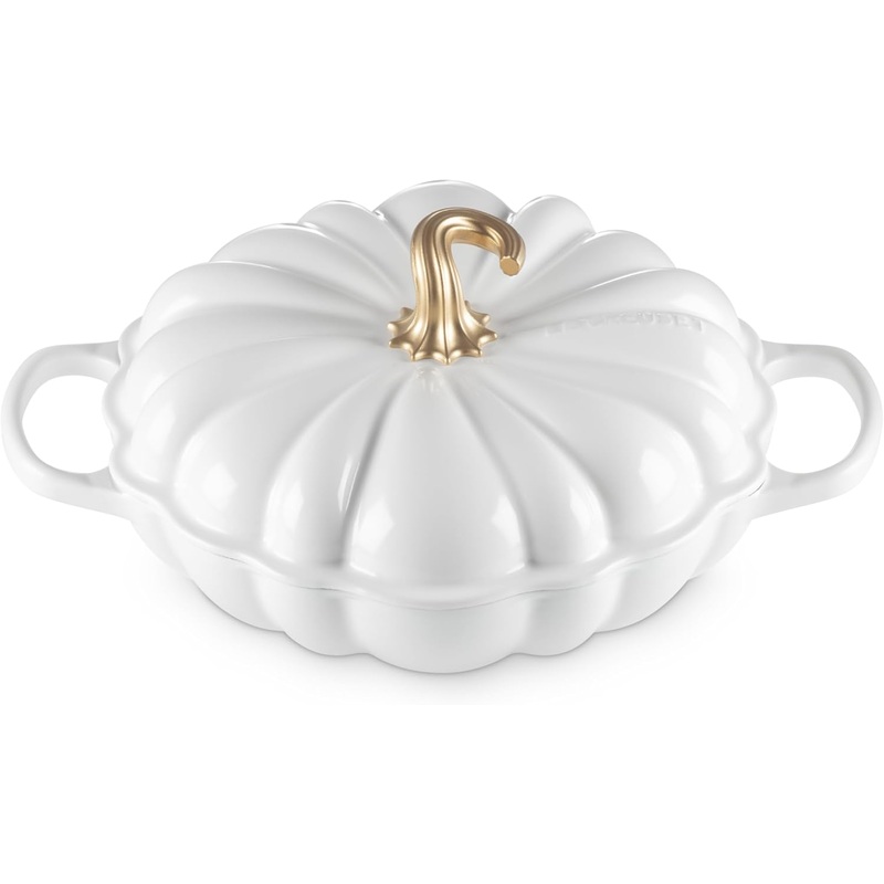 Le Creuset 2 3/4 Qt. Signature Enameled Cast Iron Figural Pumpkin Braiser w/Gold Knob - White