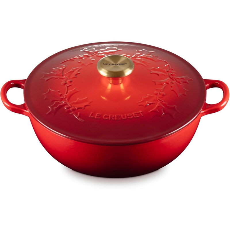 Le Creuset 4 1/2 Qt. Enameled Cast Iron Round Soup Pot  w/Holly Embossed Lid & Gold Knob - Cerise
