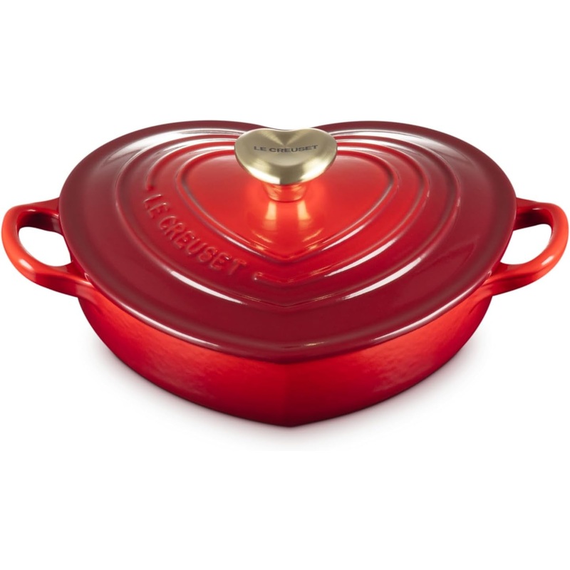 Le Creuset 1 1/4 Qt. Shallow Heart Cocotte w/Light Gold Heart Knob - Cerise