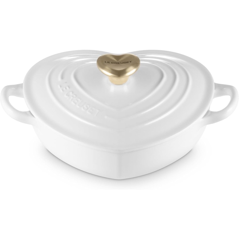 Le Creuset 1 1/4 Qt. Shallow Heart Cocotte w/Light Gold Heart Knob - White