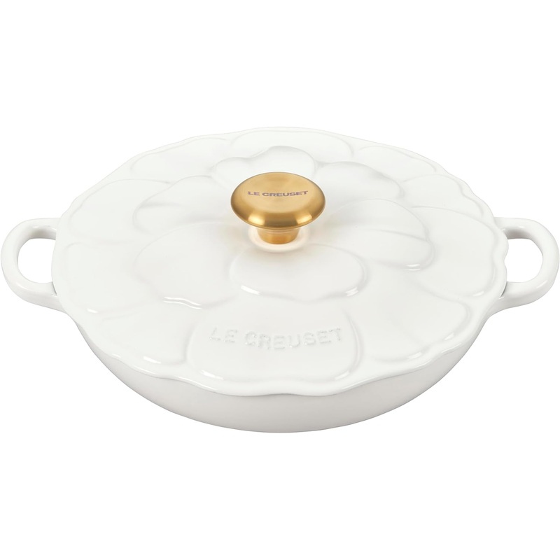 Le Creuset 2 1/4 Qt. Enameled Cast Iron Signature Petal Braiser w/Gold Knob - White