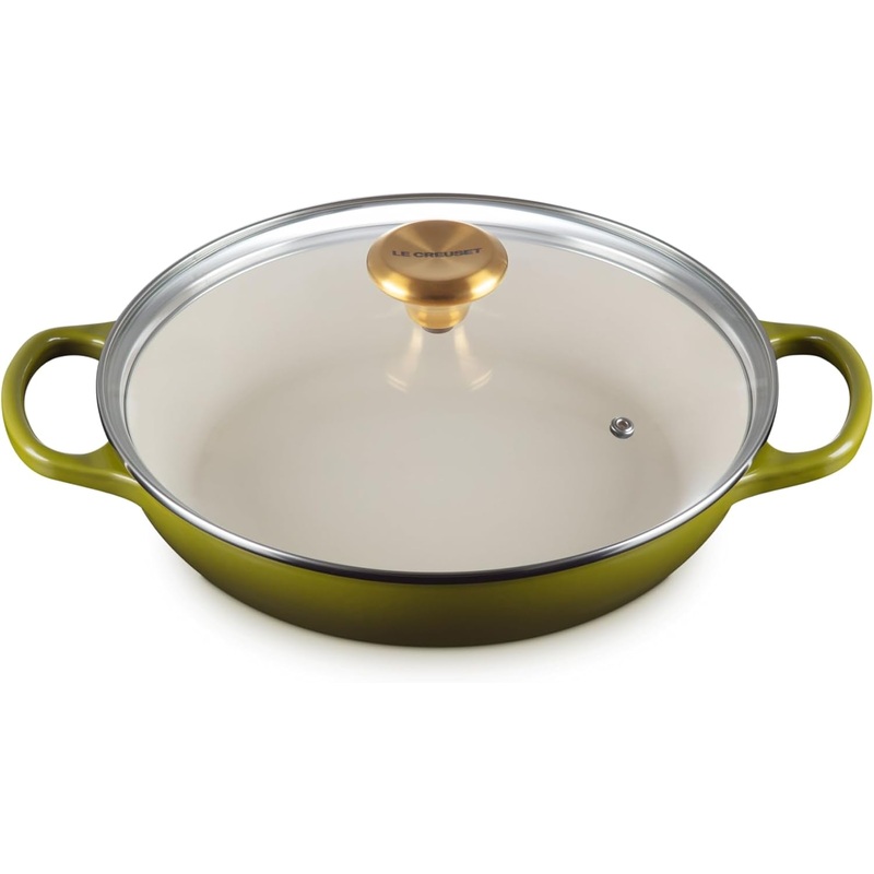 Le Creuset 2 1/4 Qt. Enameled Cast Iron Signature Round Braiser w/Glass Lid & Gold Knob - Olive