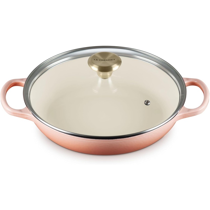 Le Creuset 2 1/4 Qt. Enameled Cast Iron Signature Round Braiser w/Glass Lid & Light Gold Knob - Peche