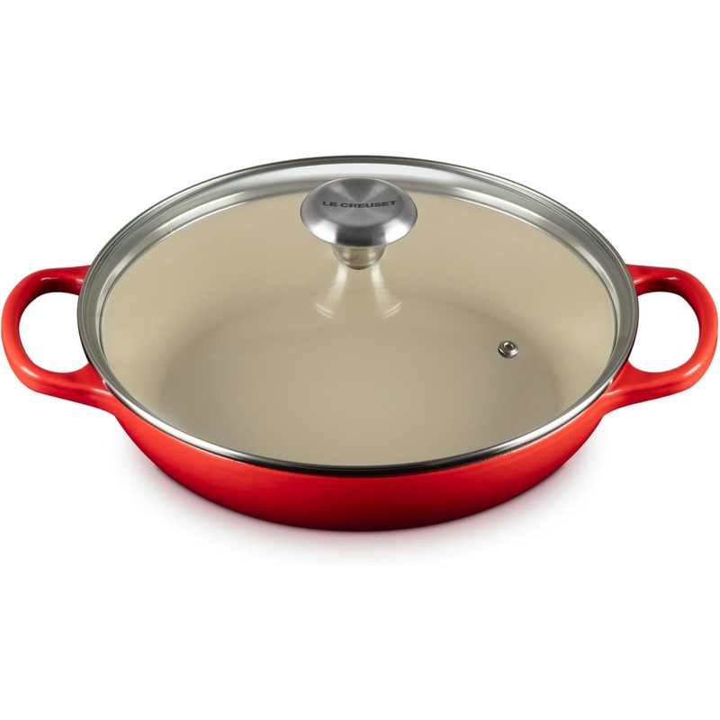 Le Creuset 2 1/4 Qt. Enameled Cast Iron Signature Round Braiser w/Glass Lid & Stainless Steel Knob - Cerise