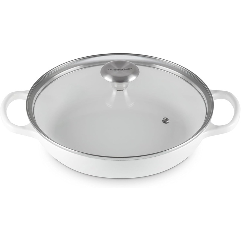 Le Creuset 2 1/4 Qt. Enameled Cast Iron Signature Round Braiser w/Glass Lid & Stainless Steel Knob - White