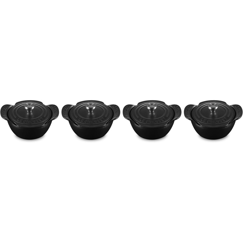 Le Creuset Set of 4 - 1/3 Qt. Mini Round Cocotte w/Stainless Steel Knob - Gourmand Collection - Matte Black