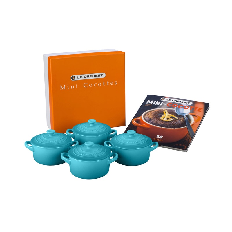 Le Creuset Set of 4 Mini Cocottes w/Mini-Cocotte Cookbook (8 oz. each) - Caribbean