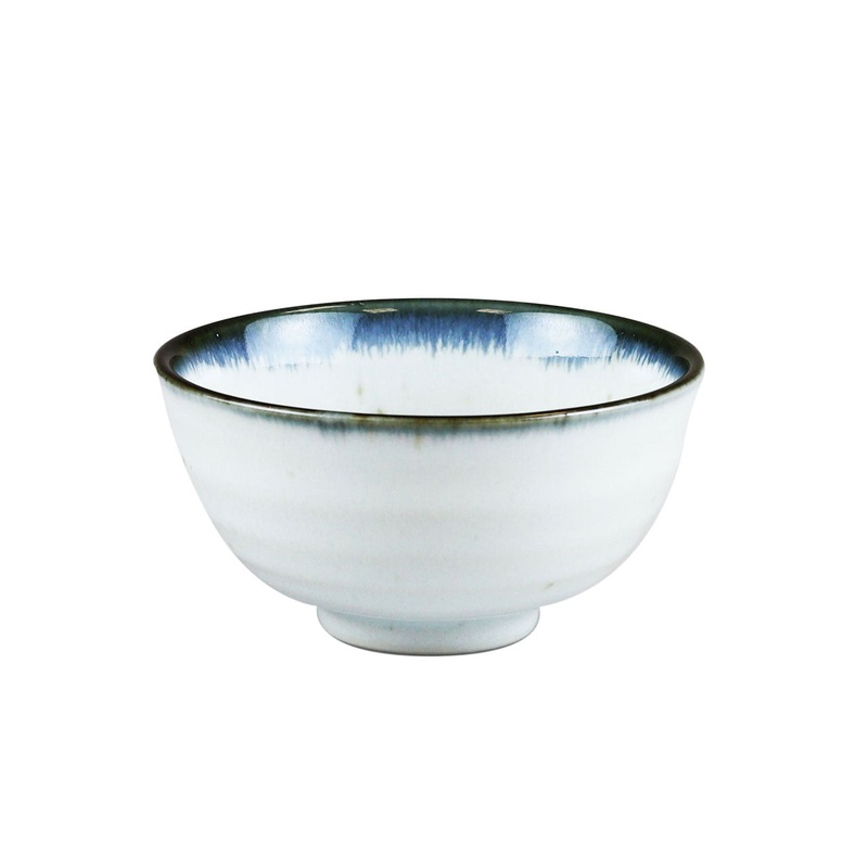 Shirokinyo Ivory Speckled Rice Bowl Chawan with Indigo Rim 13.5 fl oz / 4.96" dia