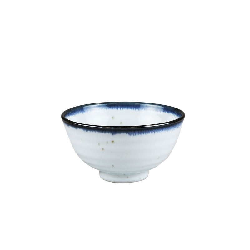 Shirokinyo Ivory Speckled Rice Bowl Chawan with Indigo Rim 9.5 fl oz / 4.45" dia