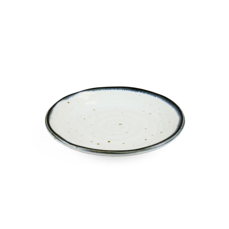 Shirokinyo Ivory Speckled Side Plate Kozara with Indigo Rim 5.63" dia