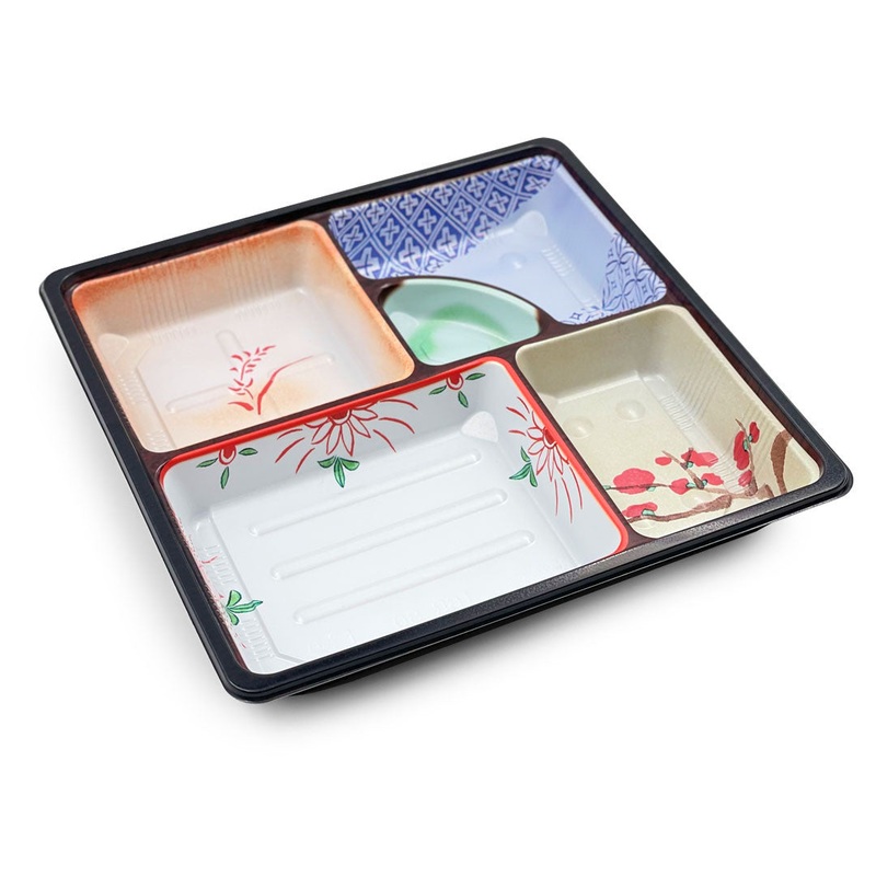 Colorful Printed PP 4-Compartment Takeout Bento Box 9.5" x 9.5" (50/pack) - No lids