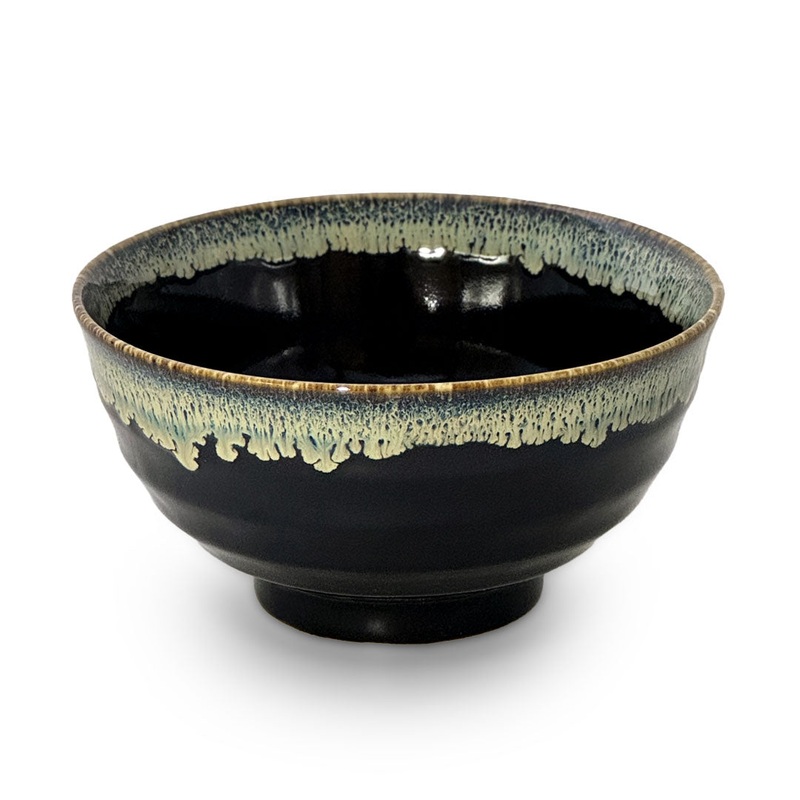 Glossy Black Noodle Bowl with Blue Trim 33 fl oz / 6.7" dia