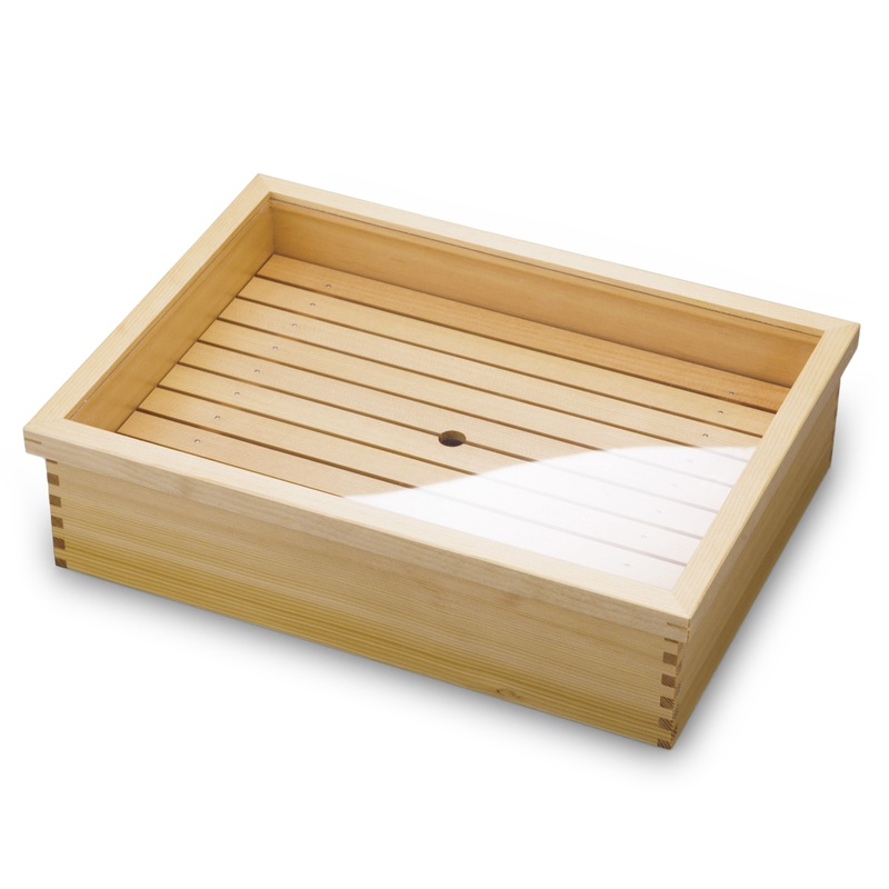 Wooden Sushi Neta Box with Stainless Steel Tray & Clear Lid 17.5" x 12.9"