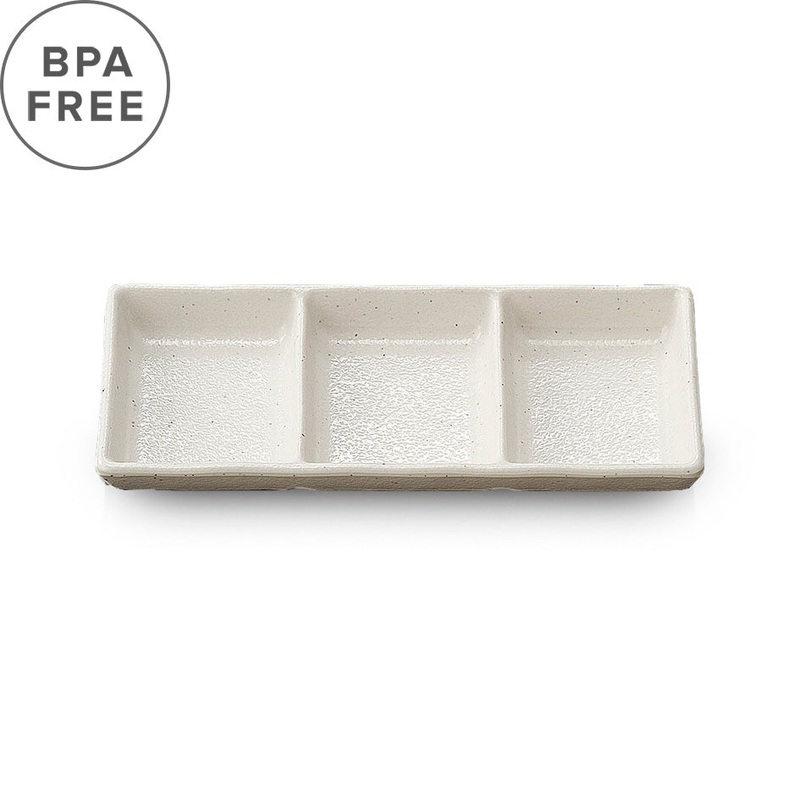 3 Compartment Melamine Kobiki White Grainy Condiment Dish 7.7" x 3.3"