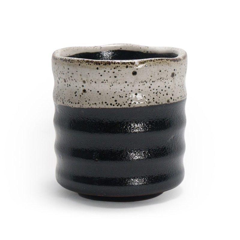Tenmoku Glazed Black Yunomi Teacup with White Overlay 13.5 fl oz / 3.5" dia