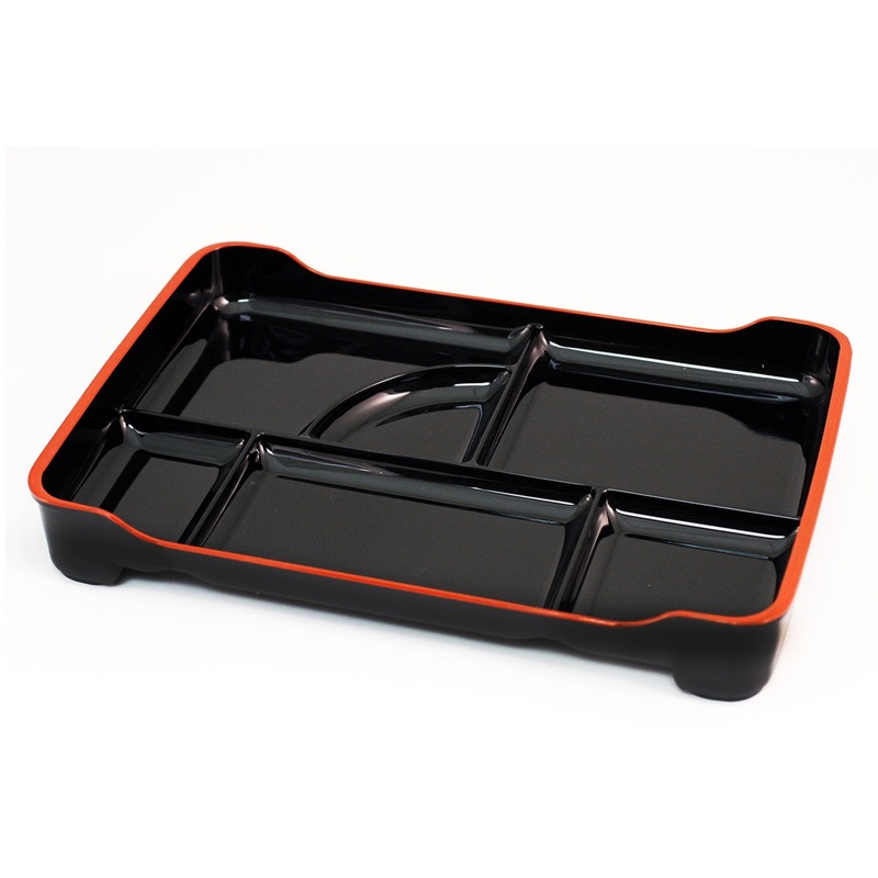 Black Combination Bento Platter with Red Trim 14.1" x 9.25"