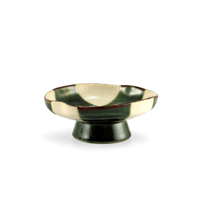 Oribe Green & Ivory Checkered Kobachi Dish with Stand 4.72" dia