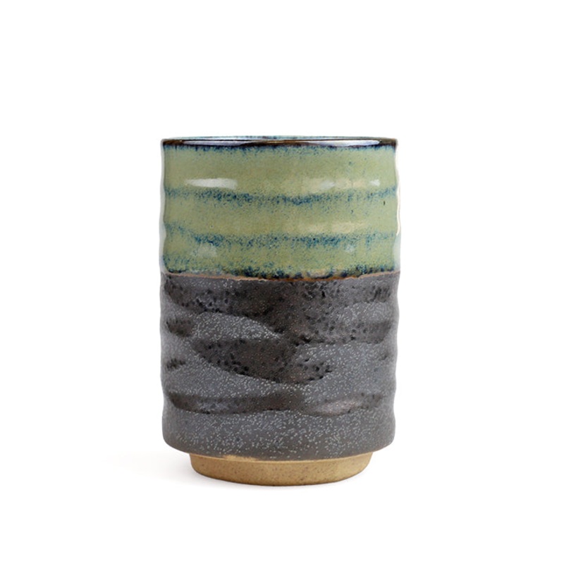 Charcoal Gray Yunomi Teacup with Moss Green Overlay 13 fl oz / 3" dia