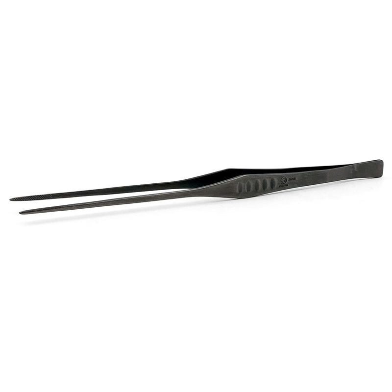 Chef Tongs Stainless Steel Straight Plating Tweezers 8.25" (210mm) - Black Oxide