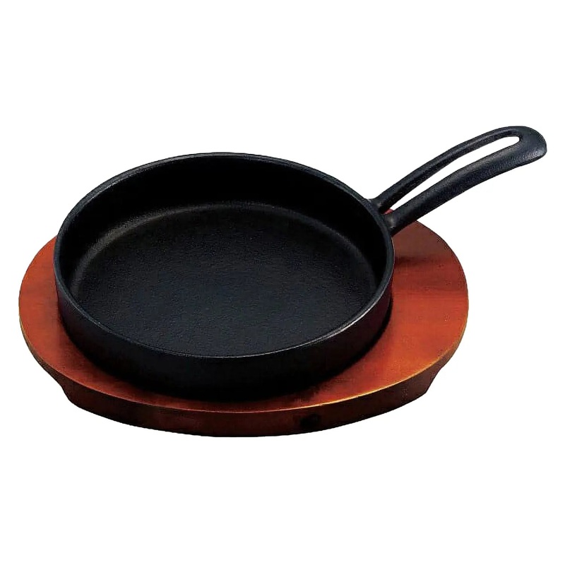 Ikenaga Cast Iron Small Frying Pan Style Sizzler Platter with Wooden Base