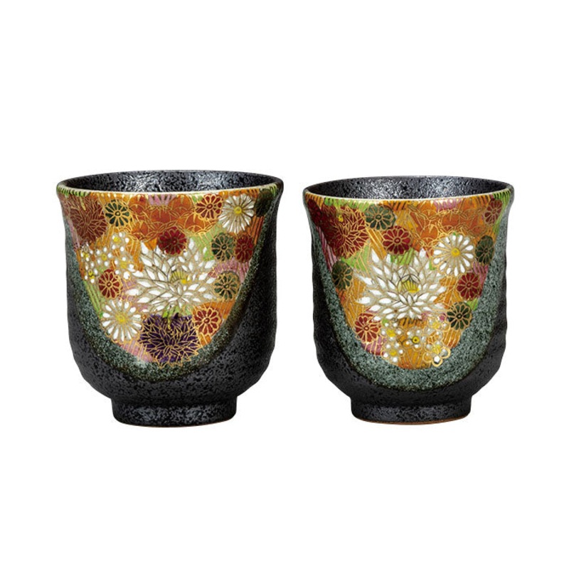 Kutani Ware Hanazume Gold Floral Paired Yunomi Teacups