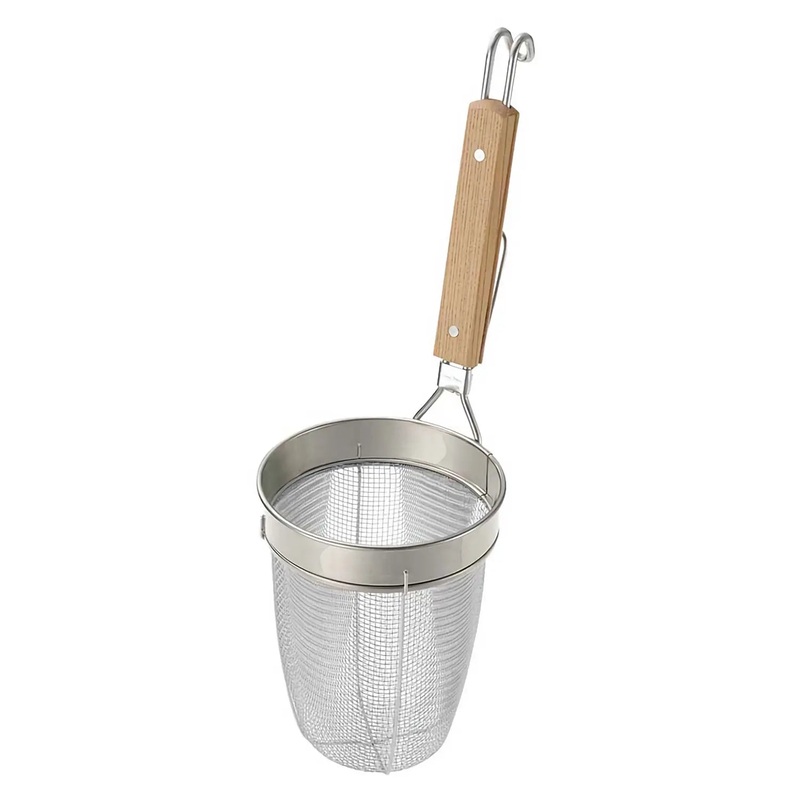 Three Snow Stainless Steel Ramen Tebo Noodle Strainer Extra Rim with Wooden Handle