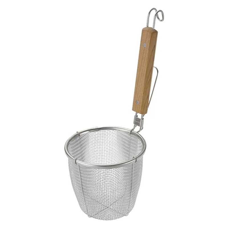 Three Snow Stainless Steel Udon Tebo Noodle Strainer Flat Base with Flat Wooden Handle