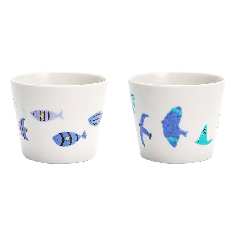 Harekutani Porcelain Blue Bird Fish Cup Set (2 Cups)